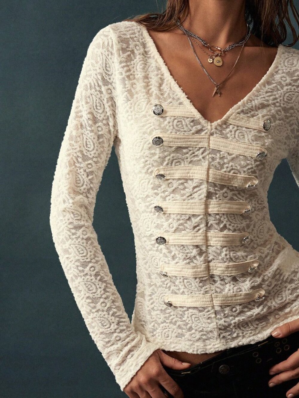 White Casual Women's Embroidered Button Design V-Neck Long Sleeve Top